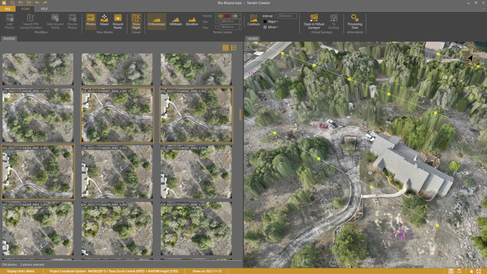 View of drone photos and their camera positions in the Terrain Creator app.